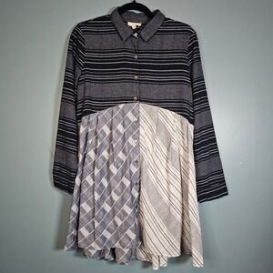 ODDI Women's Mixed Media Striped Plaid Patchwork Button Down Shirt Navy White S